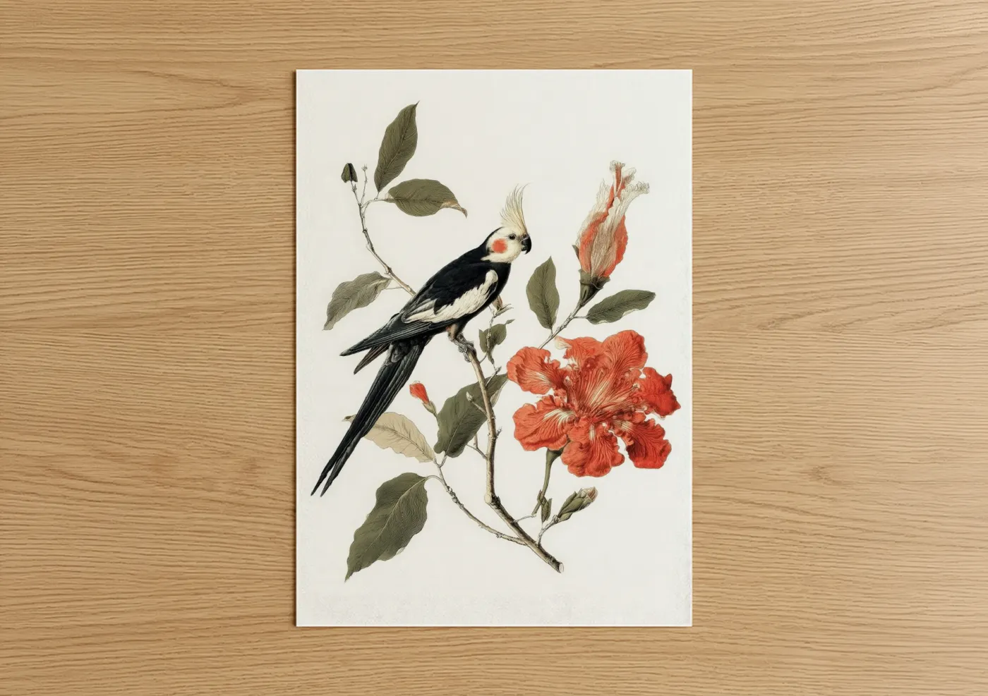Cockatiel With Red Flowers Botanical Wall Art