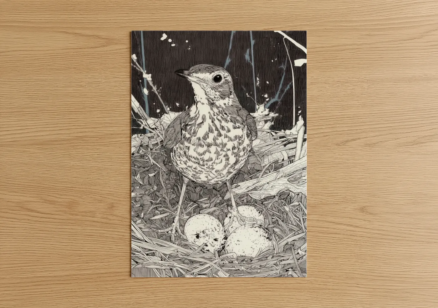 Speckled Thrush Nesting Illustration Wall Art