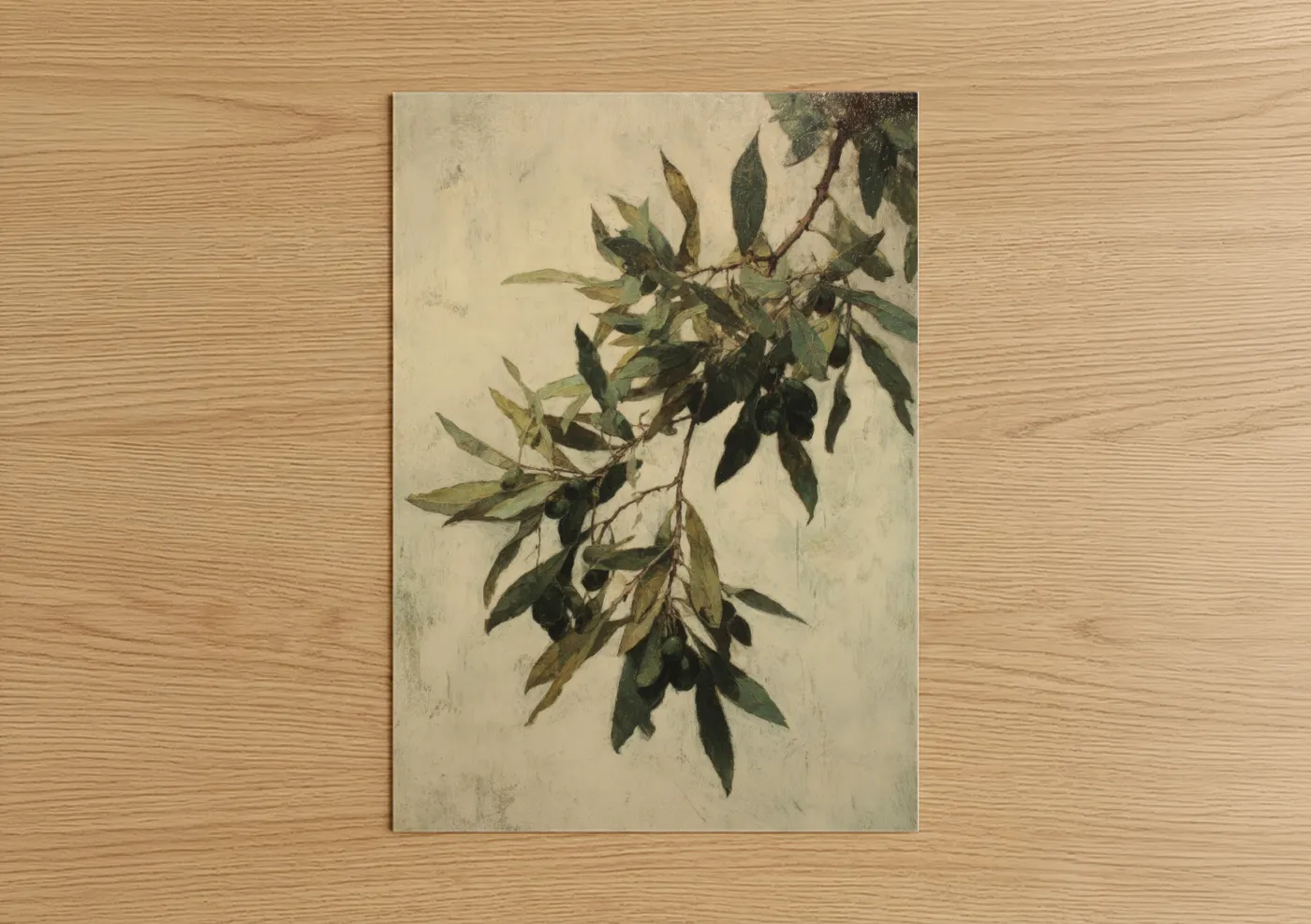 Olive tree art print on warm oak wood — beige and dark green palette — Olive Branch Study poster