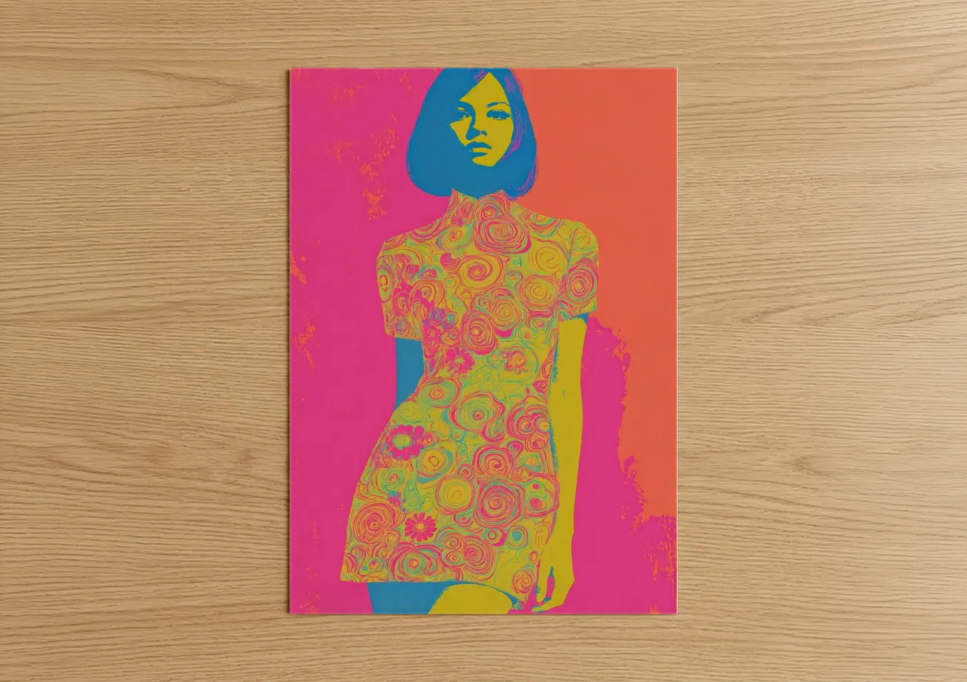 Retro fashion art print on warm oak wood — magenta and gold palette — Retro Groove Woman poster