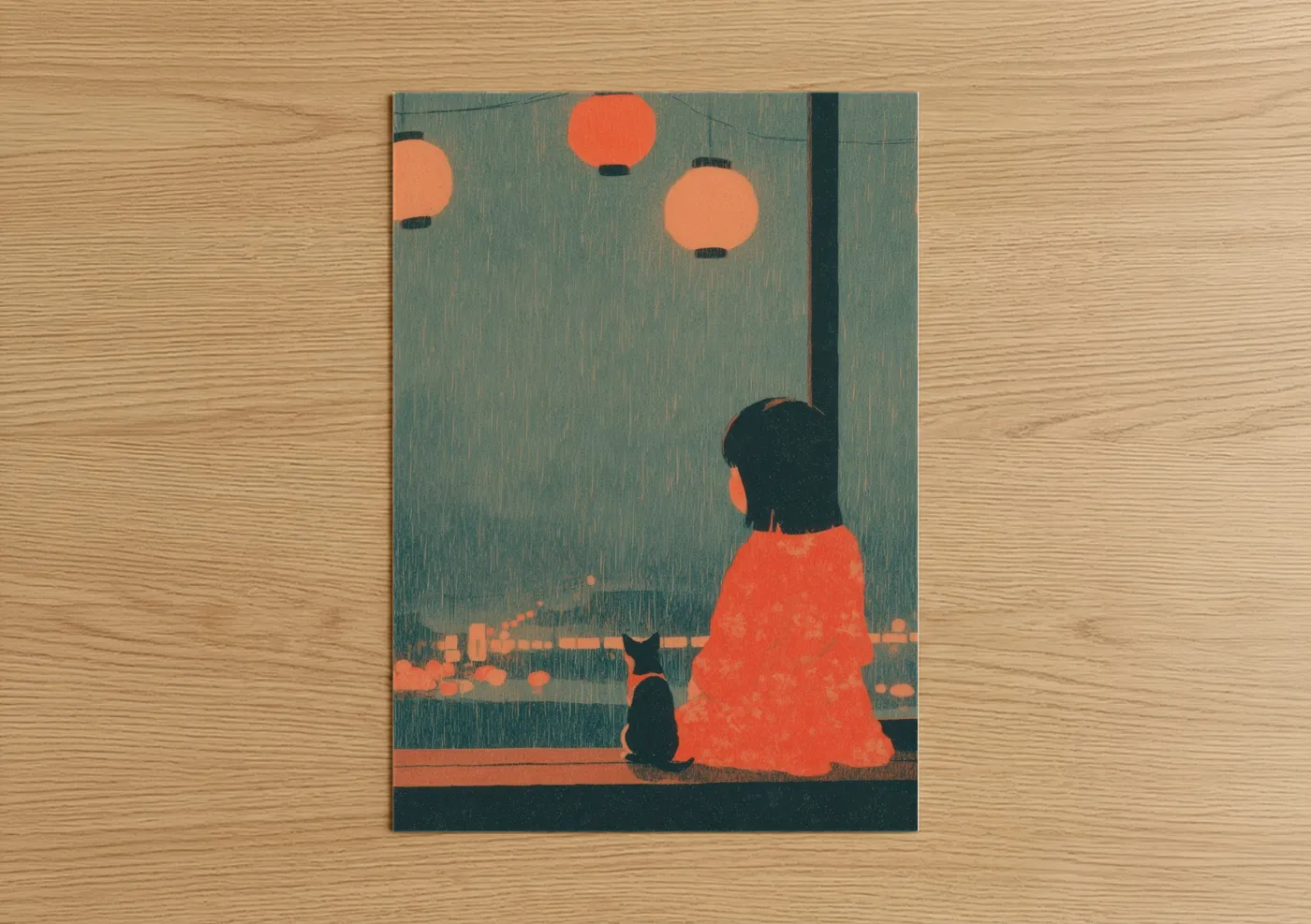 Child With Lanterns Rainy Night Wall Art