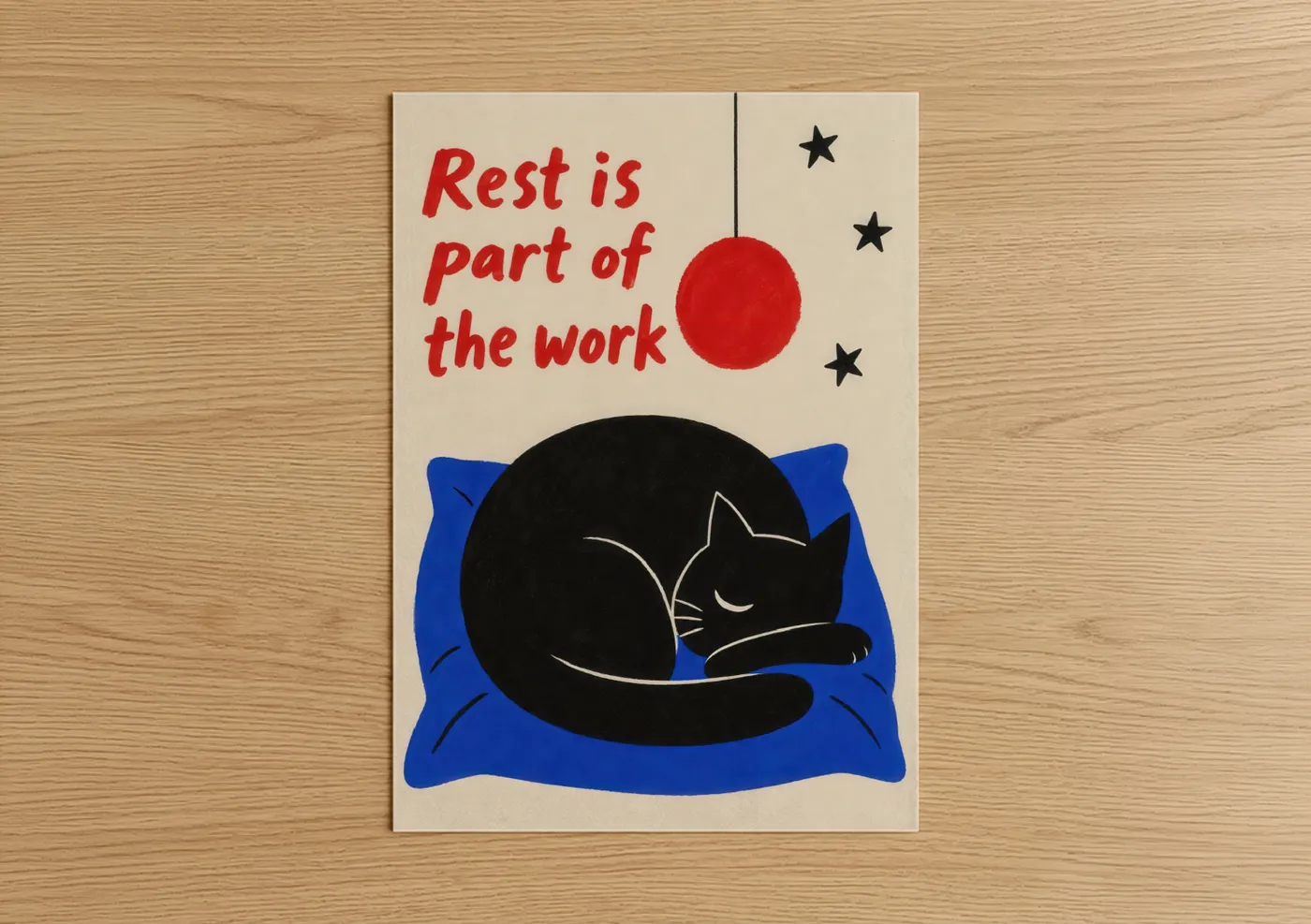 Art print on warm oak wood — black and royal blue palette — Sleeping Black Cat Minimalist Wall Art poster