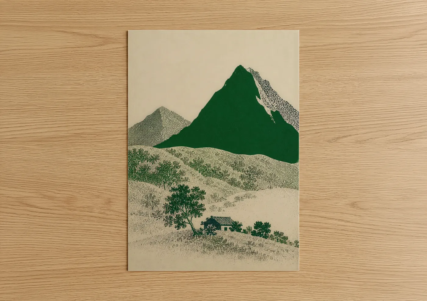 Art print on warm oak wood — true green and beige palette — Japanese Mountain Landscape Wall Art poster