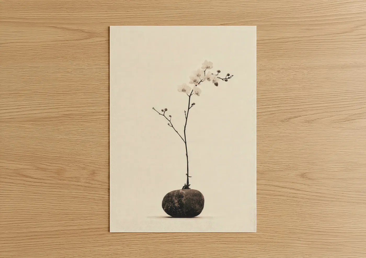 Art print on warm oak wood — cream and gray palette — Stone Orchid poster