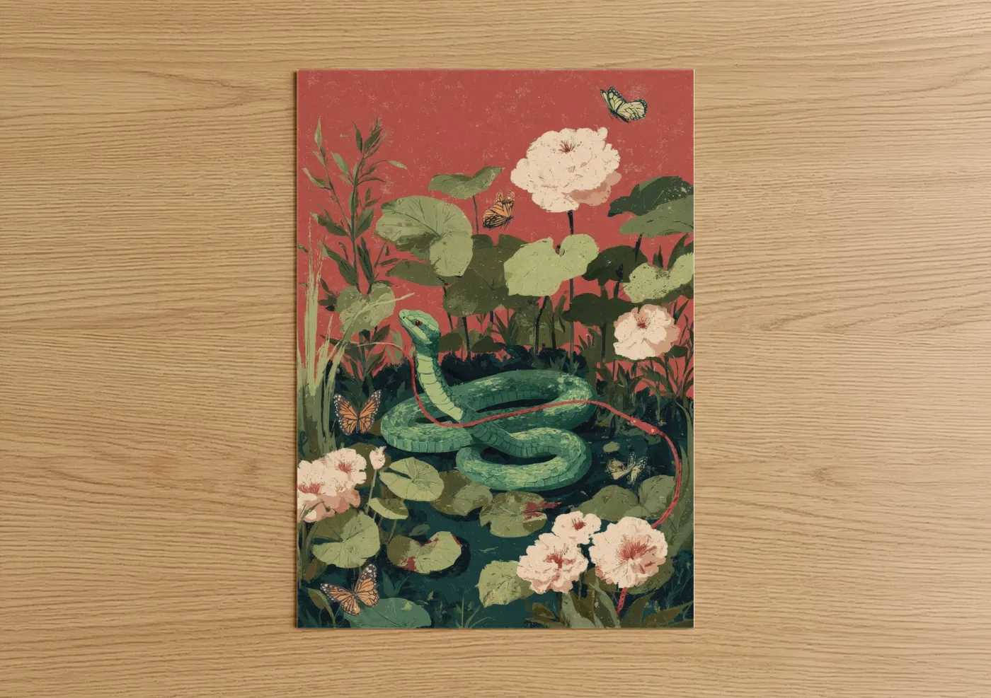 Art print on warm oak wood — salmon pink and light green palette — Garden Viper poster
