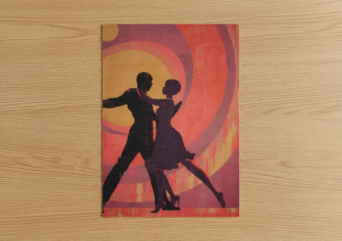 Art print on warm oak wood — orange and gold palette — Vintage Swing Dance poster