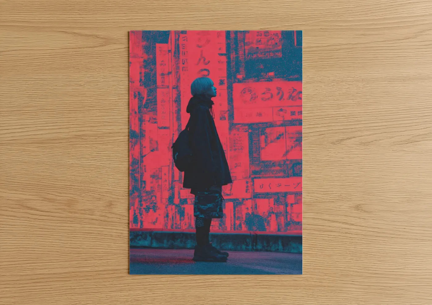 Fashion illustration art print on warm oak wood — magenta and dark blue palette — Neon Urban Explorer poster