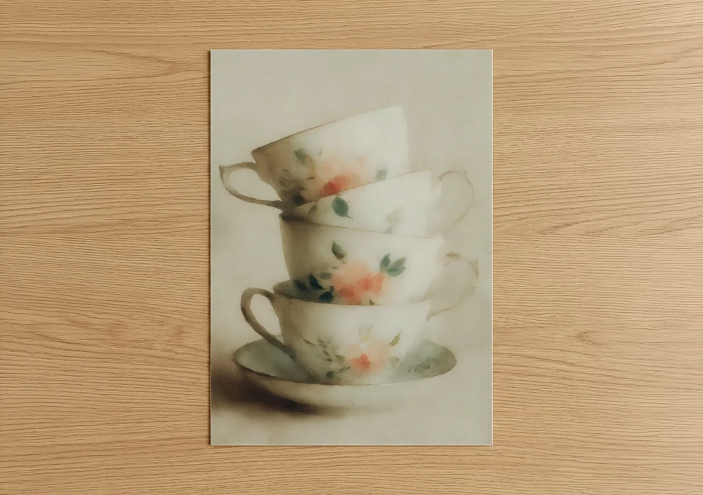Stacked Teacups Botanical Watercolor Wall Art