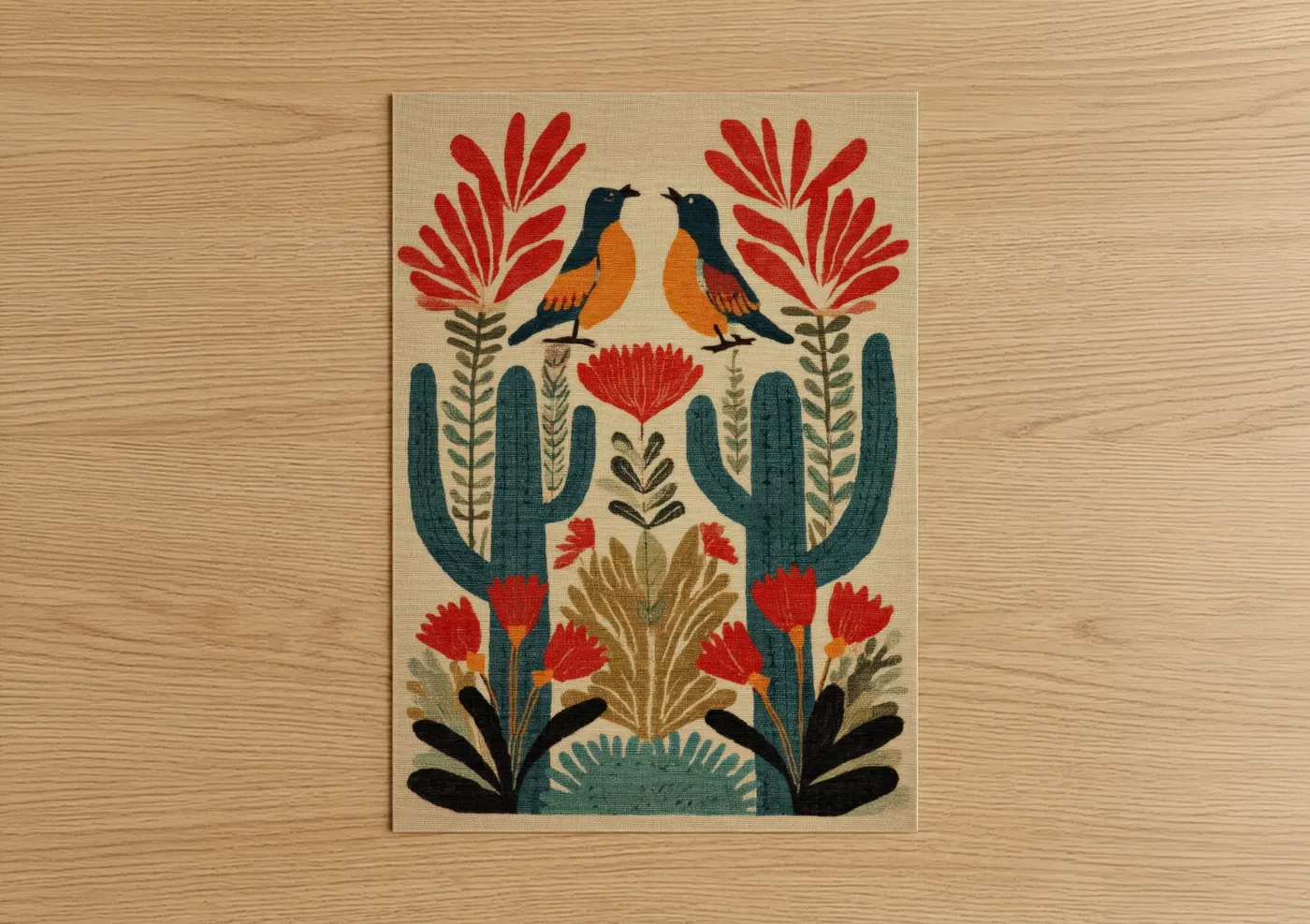Art print on warm oak wood — red and teal palette — Desert Birds Cactus poster
