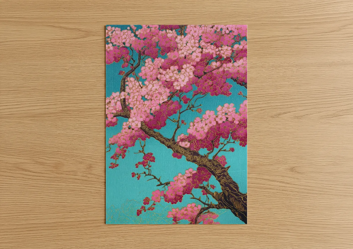 Pink Cherry Blossoms Turquoise Sky Wall Art