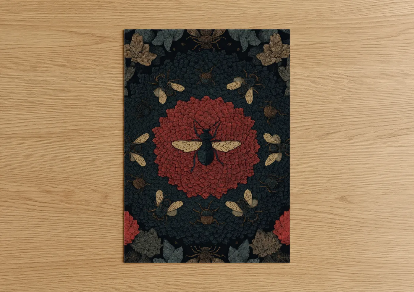 Art print on warm oak wood — dark green and red palette — Crimson Ant Bloom poster