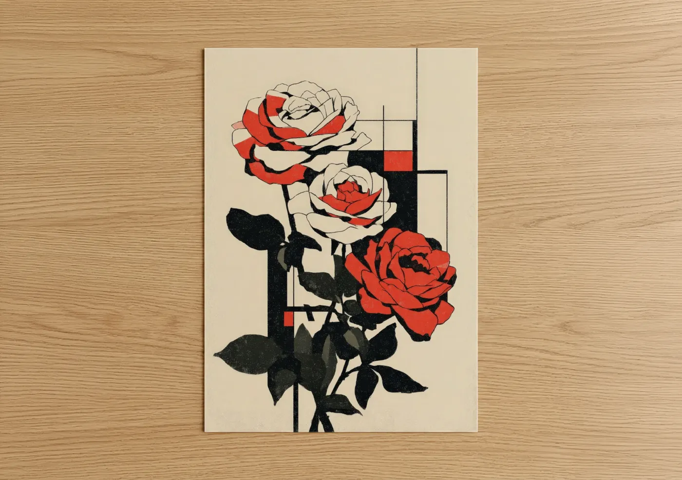 Art print on warm oak wood — red and black and white palette — Geometric Roses poster
