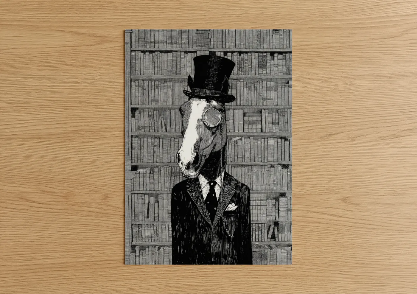 Thoroughbred horse art print on warm oak wood — black and white palette — Steampunk Thoroughbred poster