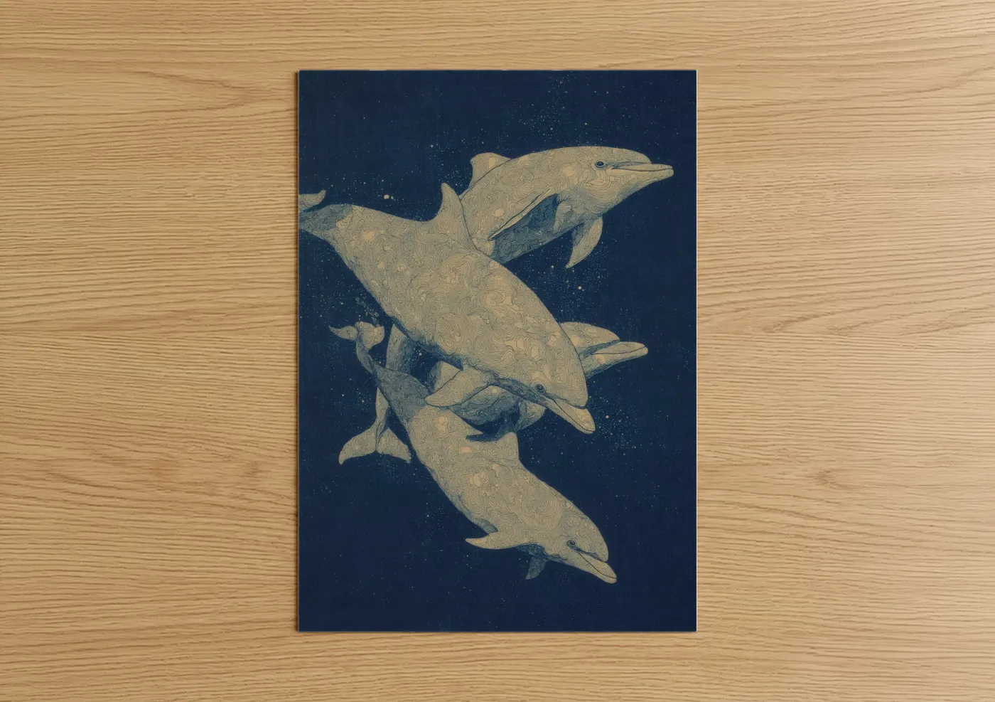 Art print on warm oak wood — dark blue and gold palette — Starlit Dolphins poster