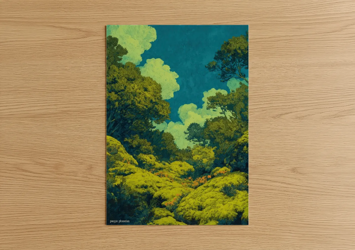 Green field art print on warm oak wood — lime green and teal palette — Luminous Valley poster