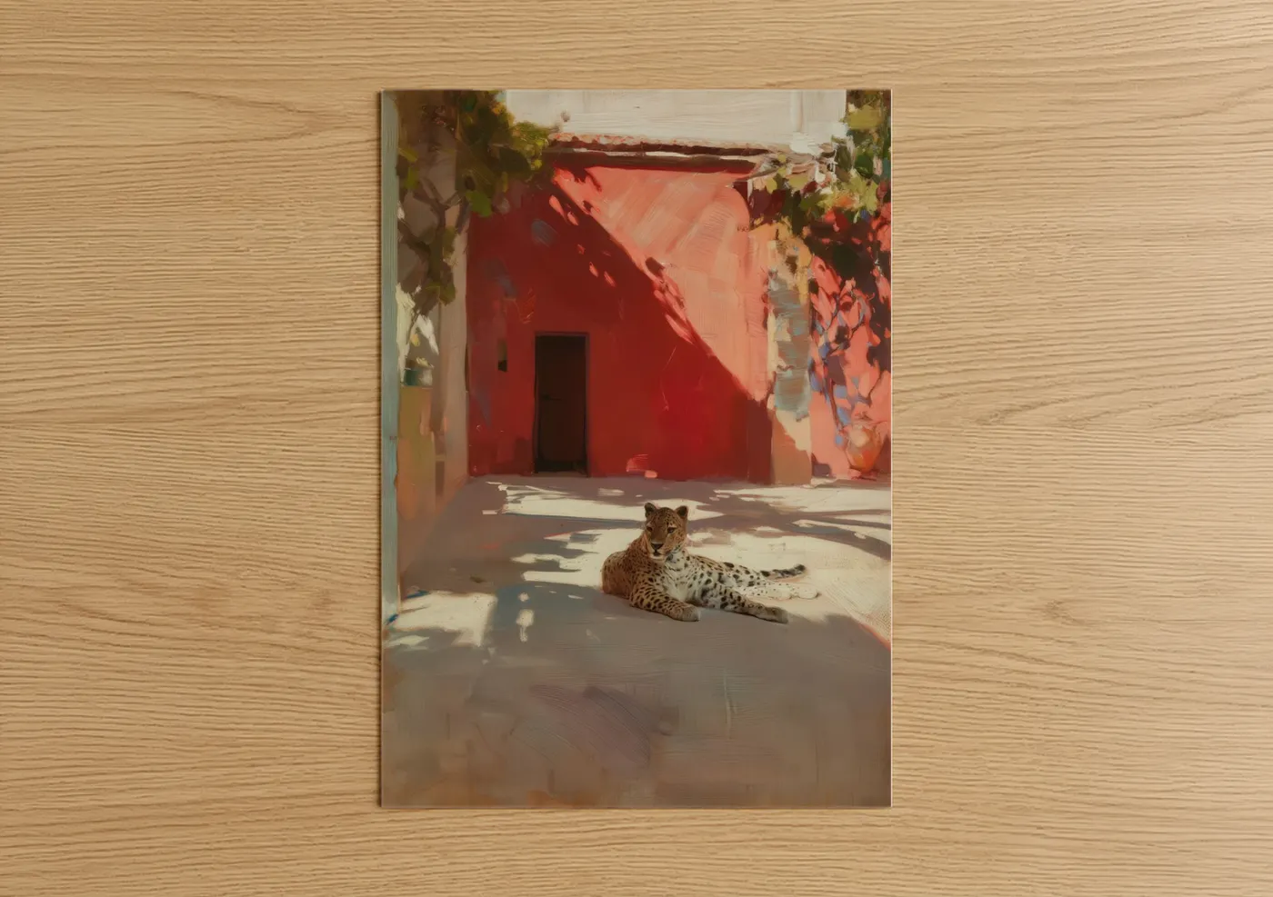 Leopard in Sunlit Red Courtyard Wall Art