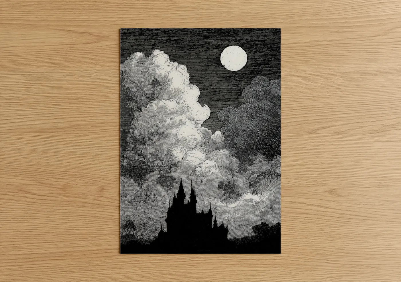Art print on warm oak wood — black and white palette — Night Sky Castle poster