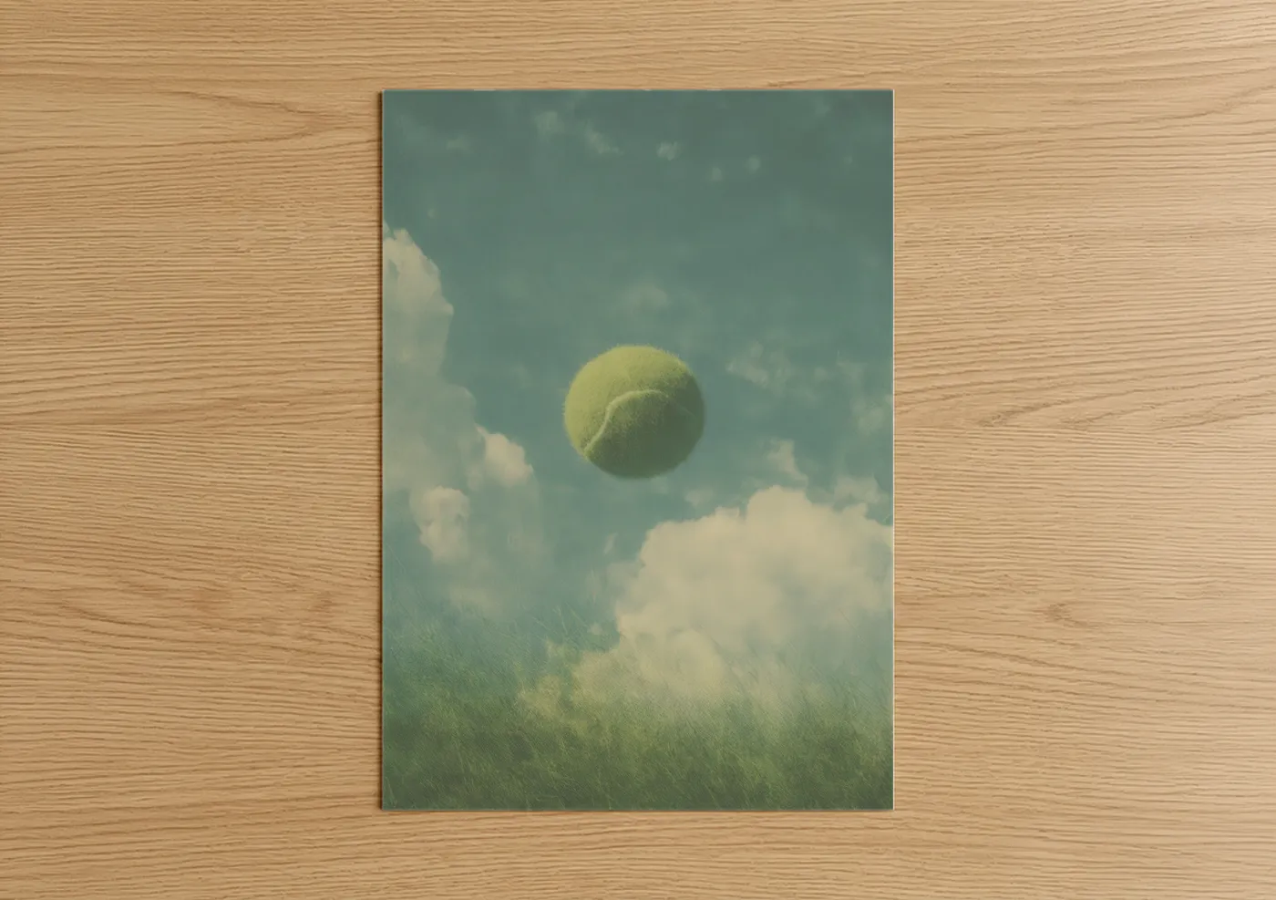 Art print on warm oak wood — teal and cream palette — Floating Tennis Ball poster