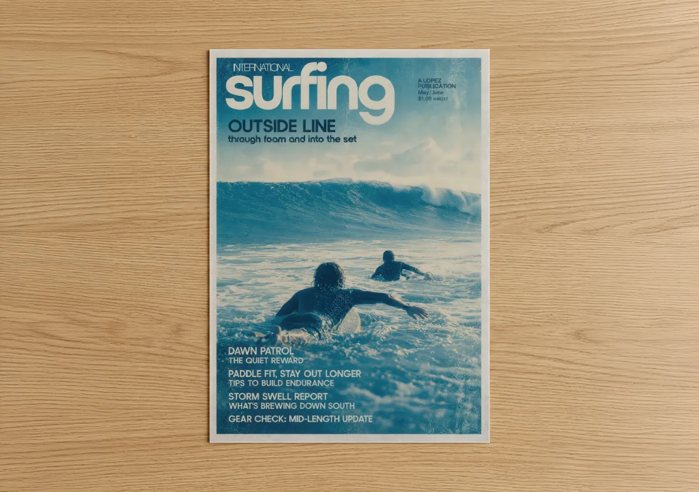 Art print on warm oak wood — blue and turquoise palette — Vintage Surfing Magazine Ocean Wave Wall Art poster