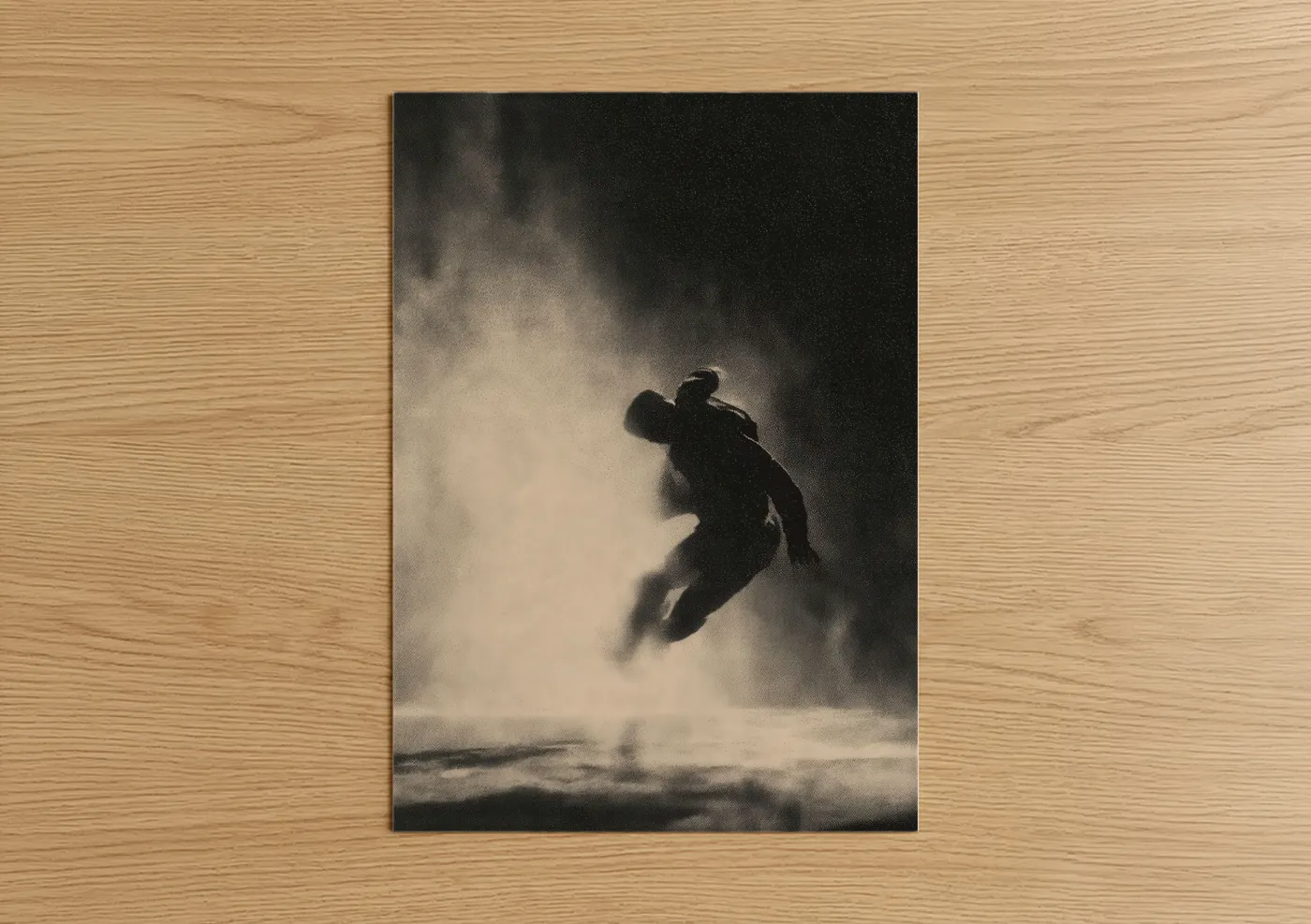 Street dance art print on warm oak wood — black and white and gray palette — Aerial Dancer poster