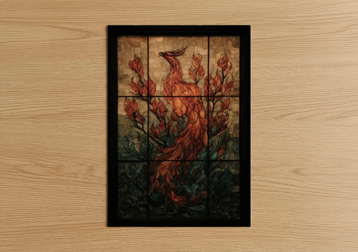 Art print on warm oak wood — red and gold palette — Crimson Phoenix Rising poster