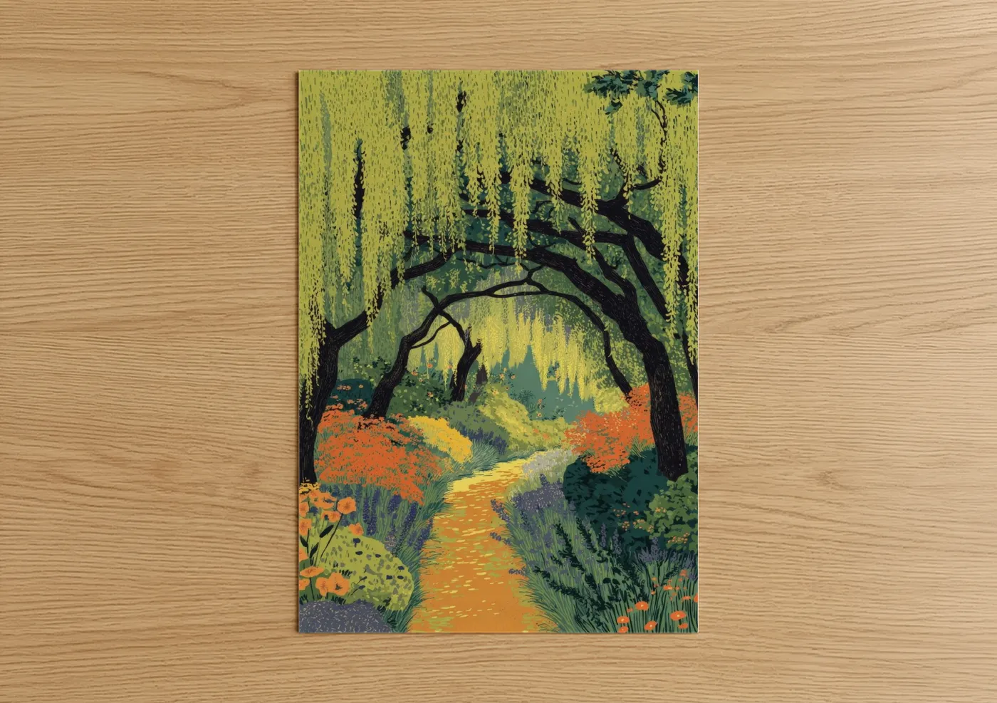 Art print on warm oak wood — lime green and orange palette — Wisteria Archway poster