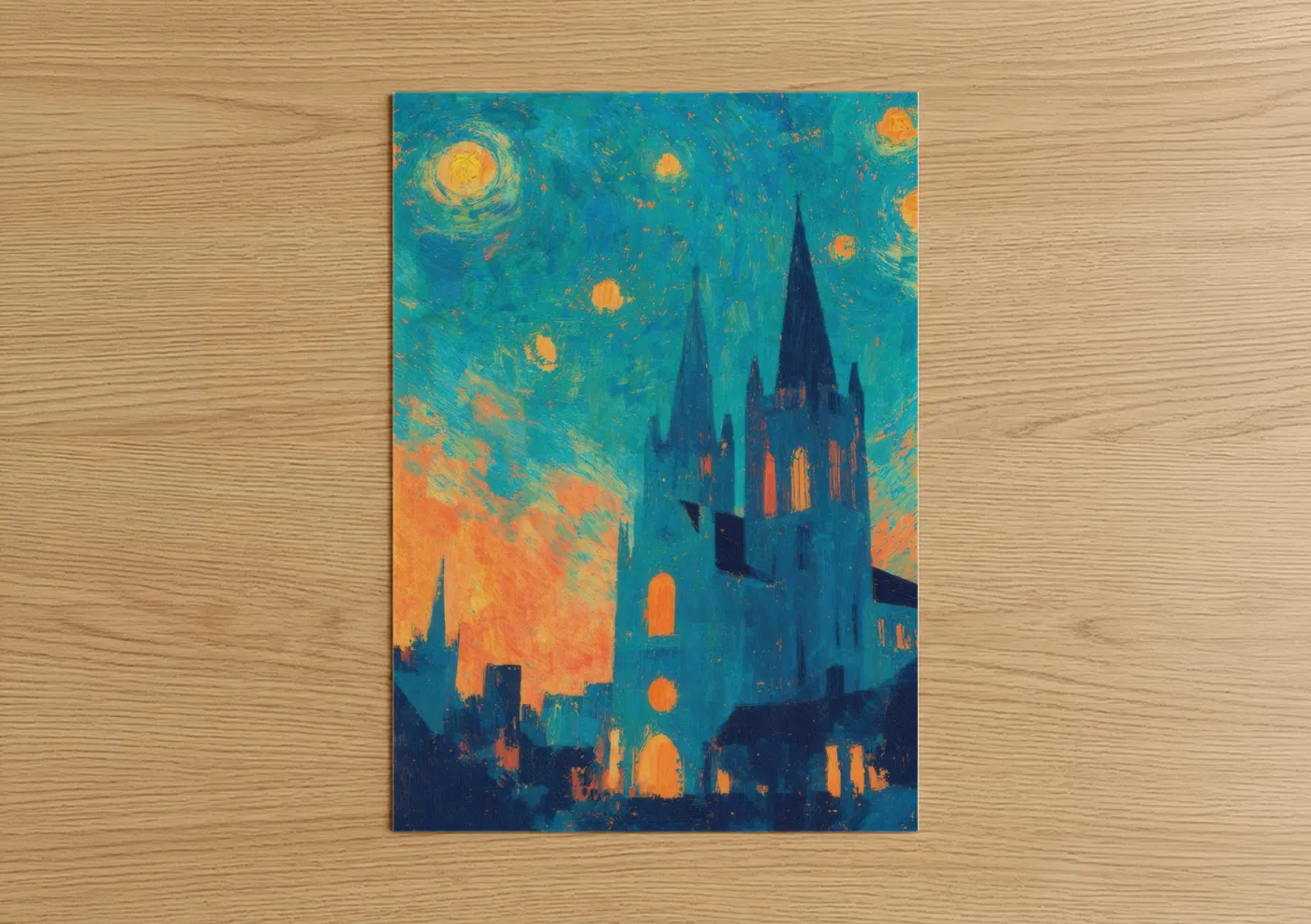 Art print on warm oak wood — blue and gold palette — Starry Cathedral poster