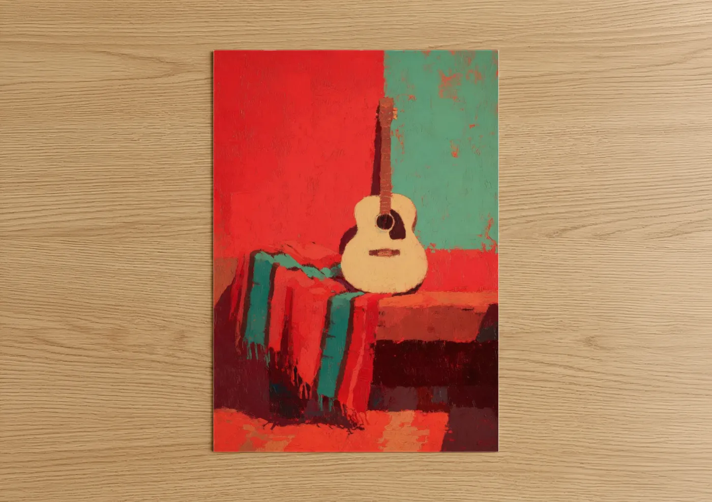 Acoustic guitar art print on warm oak wood — red and teal palette — Crimson Guitar poster