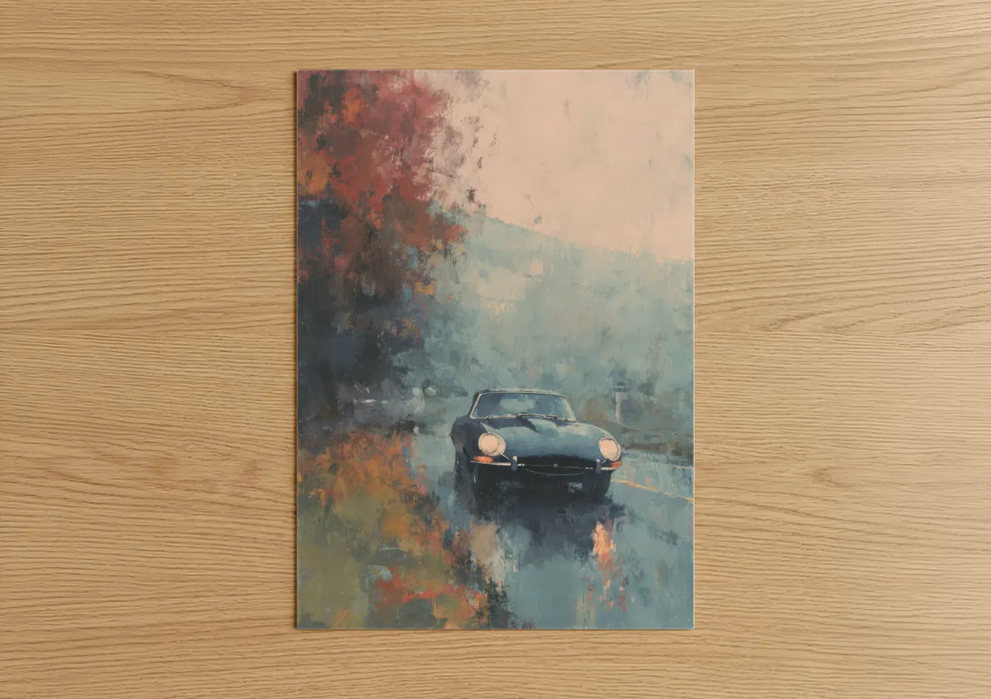 Art print on warm oak wood — russet and blue and gray palette — Misty Sports Car poster