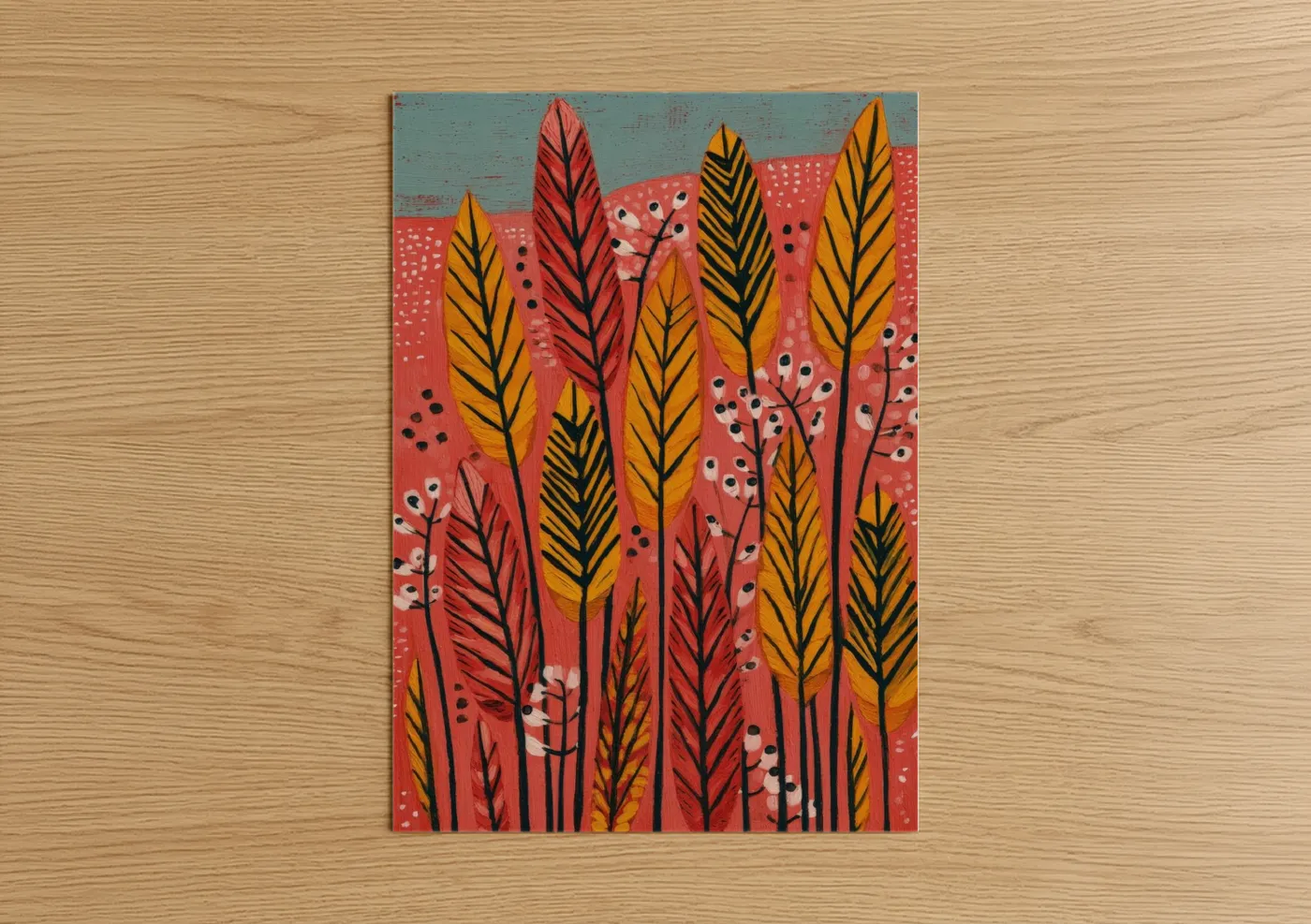 Art print on warm oak wood — orange and blue palette — Autumn Grain Field poster