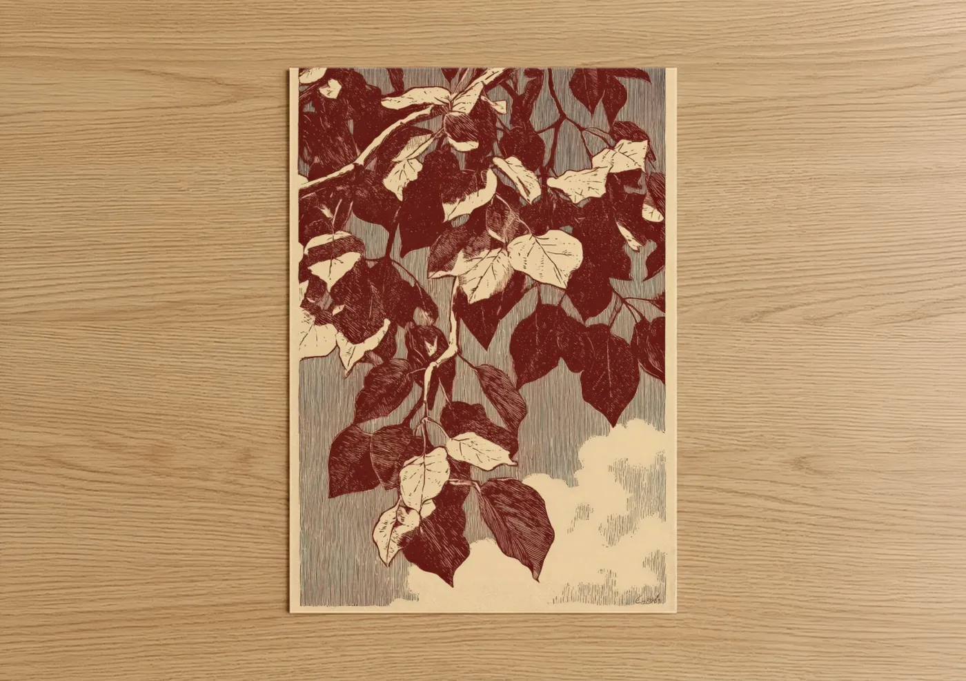 Linden tree art print on warm oak wood — maroon and cream palette — Autumn Linden poster
