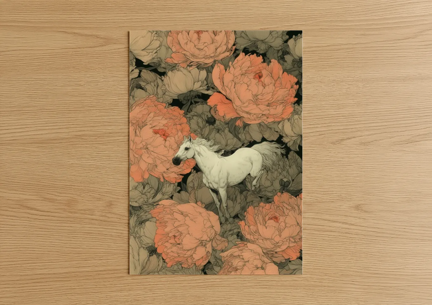 White Andalusian Horse Peony Flowers Wall Art