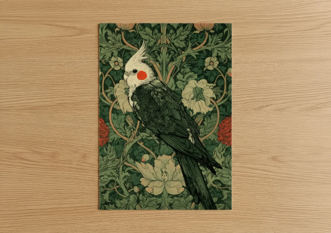 Art print on warm oak wood — dark green and cream palette — Cockatiel Garden poster