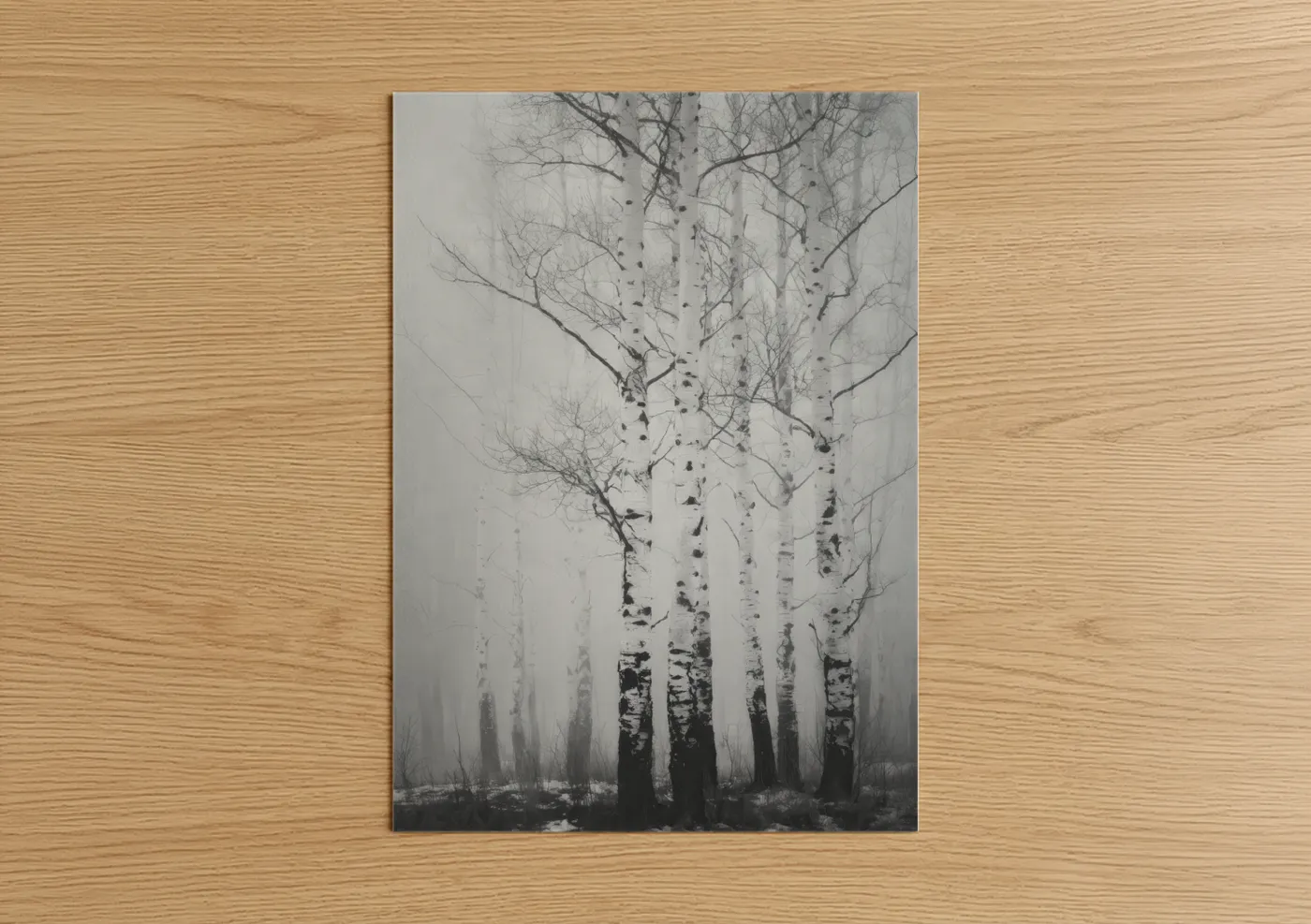 Birch tree art print on warm oak wood — black and white and gray palette — Misty Birch Forest poster