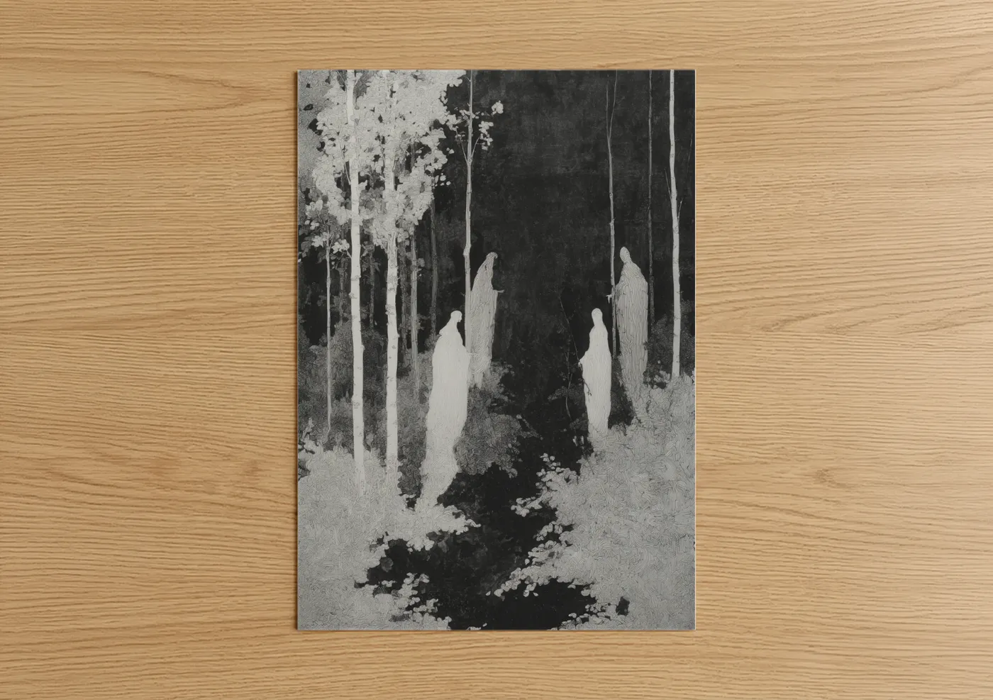 Ghost art print on warm oak wood — black and white and gray palette — Forest Spirits poster