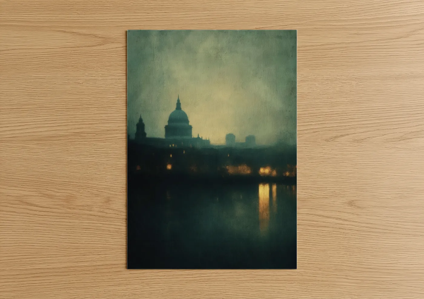 Saint paul's cathedral art print on warm oak wood — dove gray and gold palette — Misty Cathedral Dawn poster