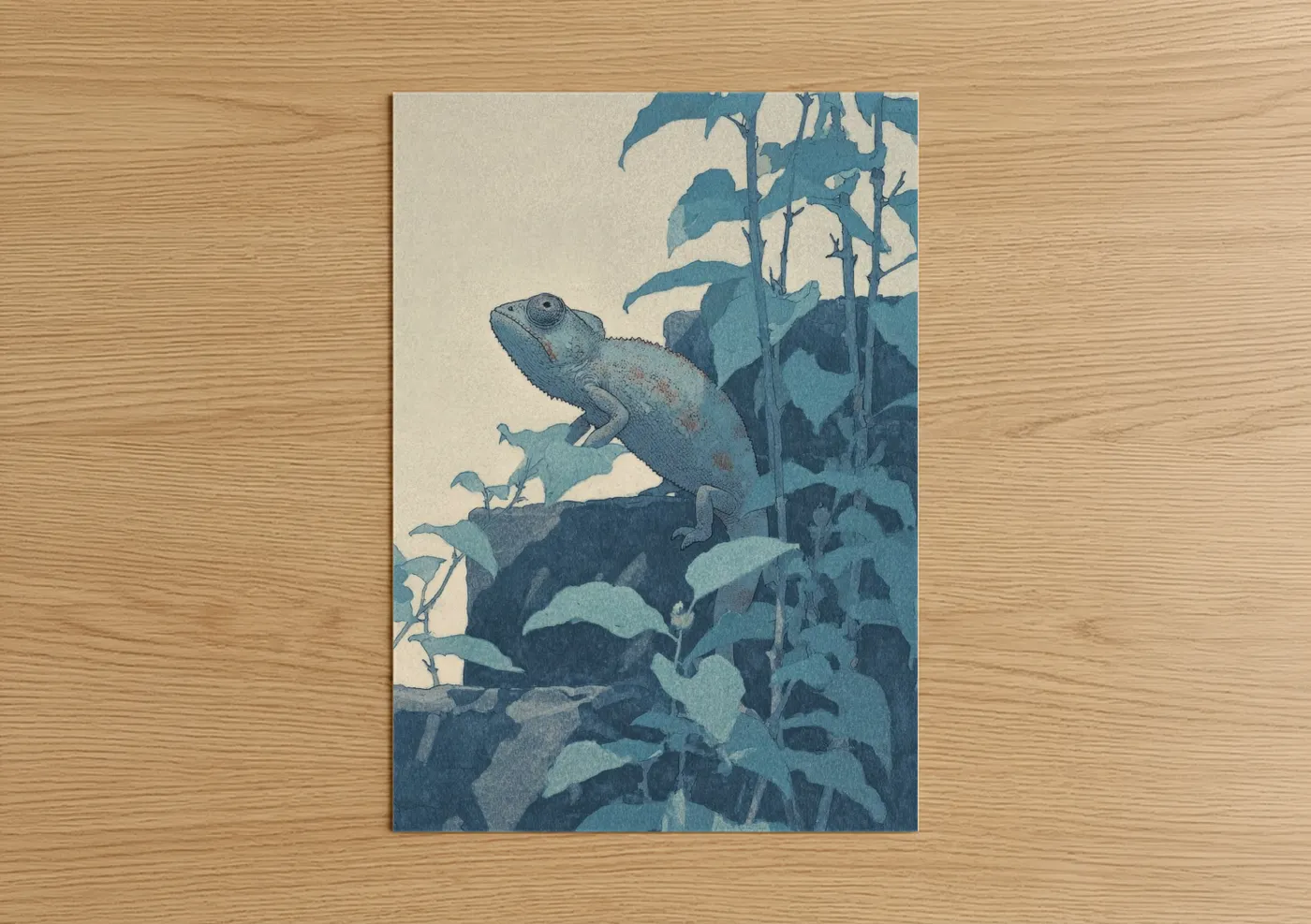 Art print on warm oak wood — blue and beige palette — Turquoise Chameleon poster