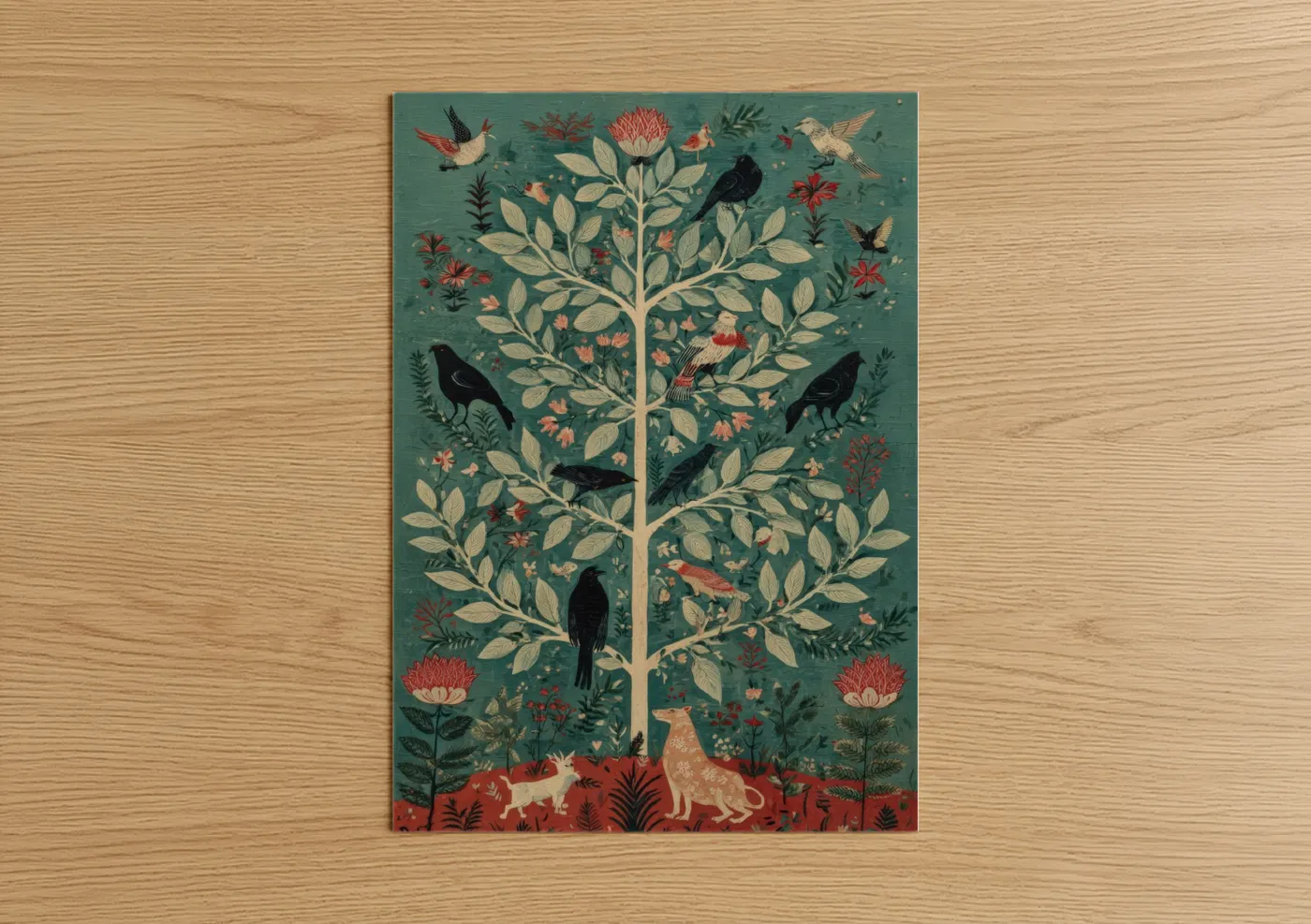 Cedar tree art print on warm oak wood — teal palette — Woodland Cedar poster