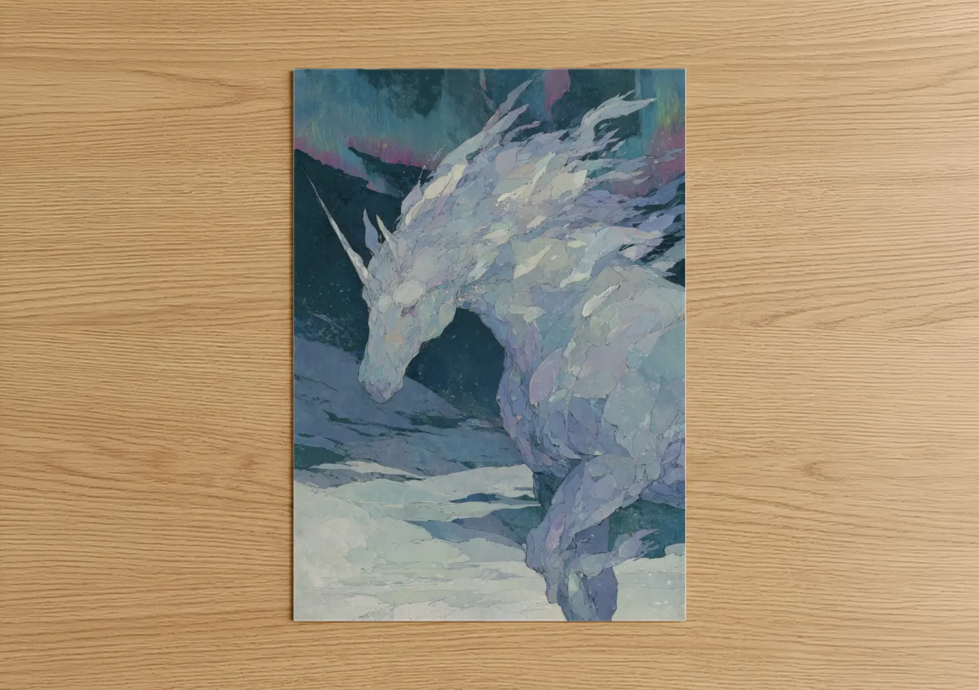 Unicorns art print on warm oak wood — blue and lavender palette — Snowy Unicorn poster