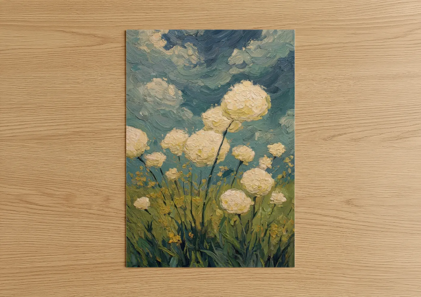 Art print on warm oak wood — teal and cream palette — Dreamy Hydrangeas poster