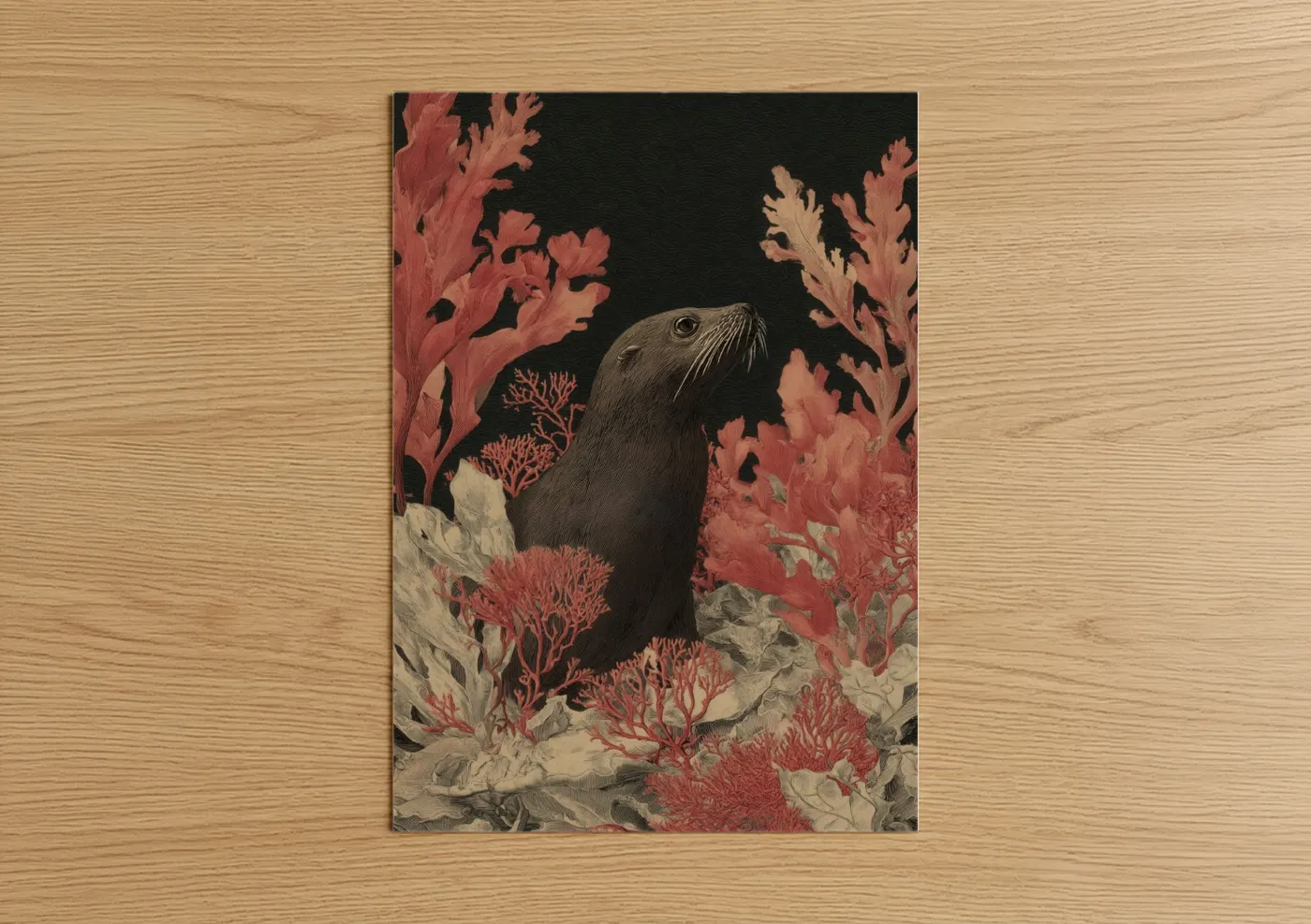 Art print on warm oak wood — salmon pink and cream palette — Coral Sea Lion poster