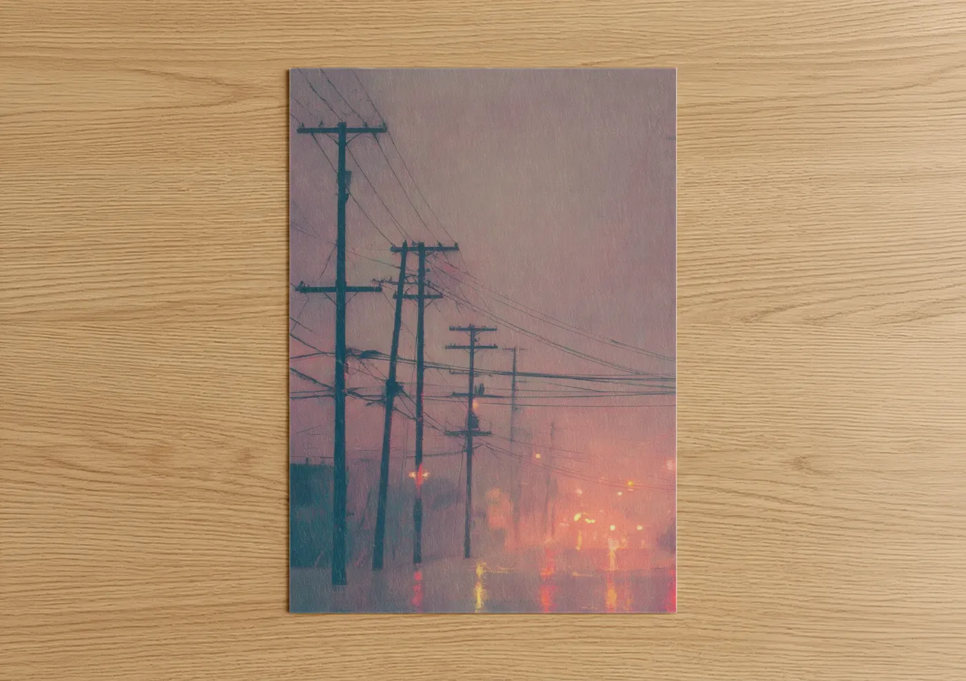 Rainy Dusk Power Lines Sunset Wall Art