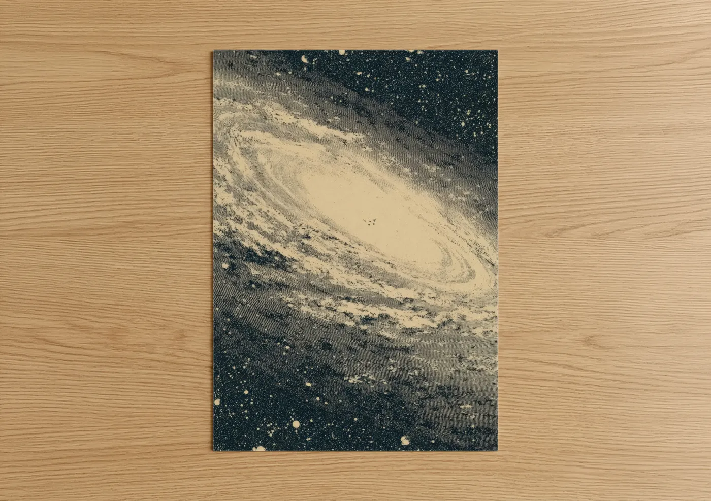 Art print on warm oak wood — cream and black palette — Cosmic Spiral Galaxy poster