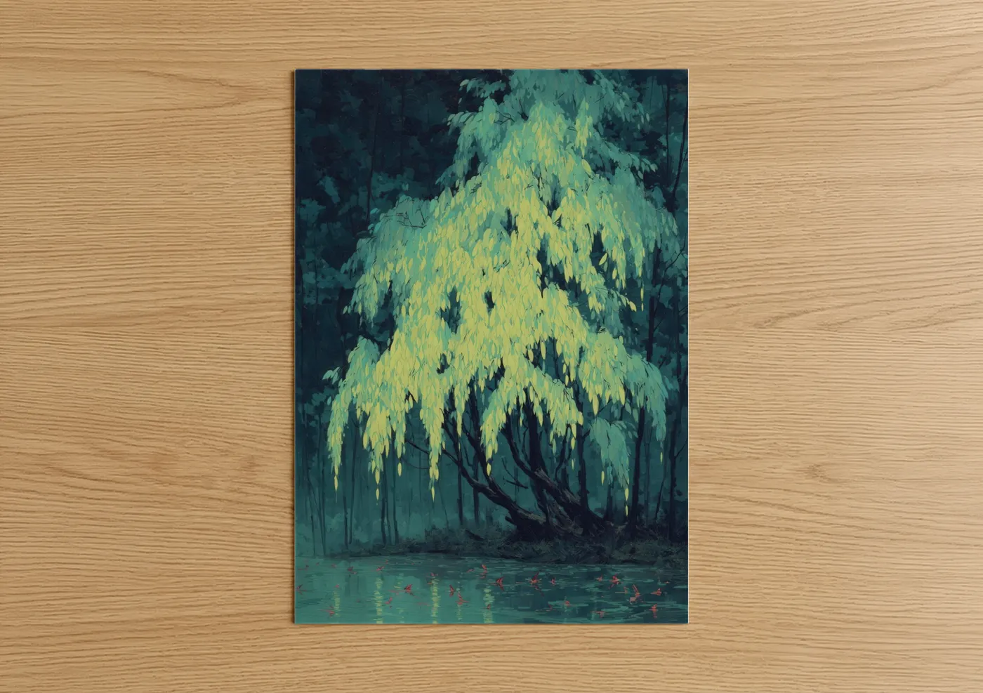 Willow tree art print on warm oak wood — yellow gold and teal palette — Luminous Willow poster