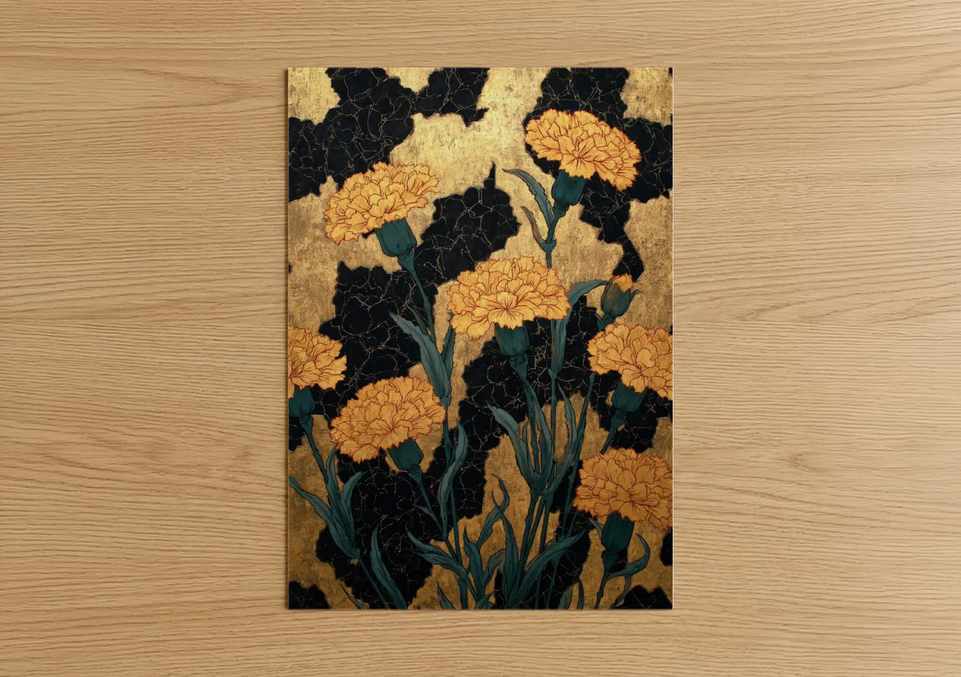 Golden Carnations Japanese Art Print Wall Art
