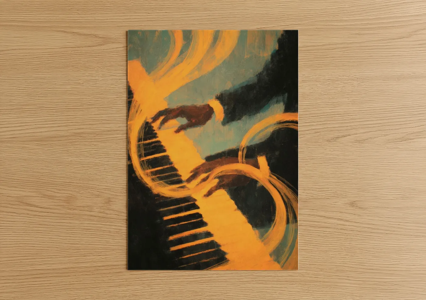 Art print on warm oak wood — gold and teal palette — Golden Piano Motion poster