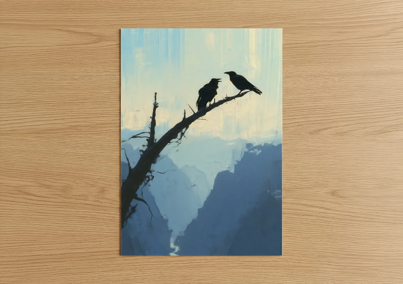 Crows and ravens art print on warm oak wood — blue and cream palette — Mountain Ravens poster