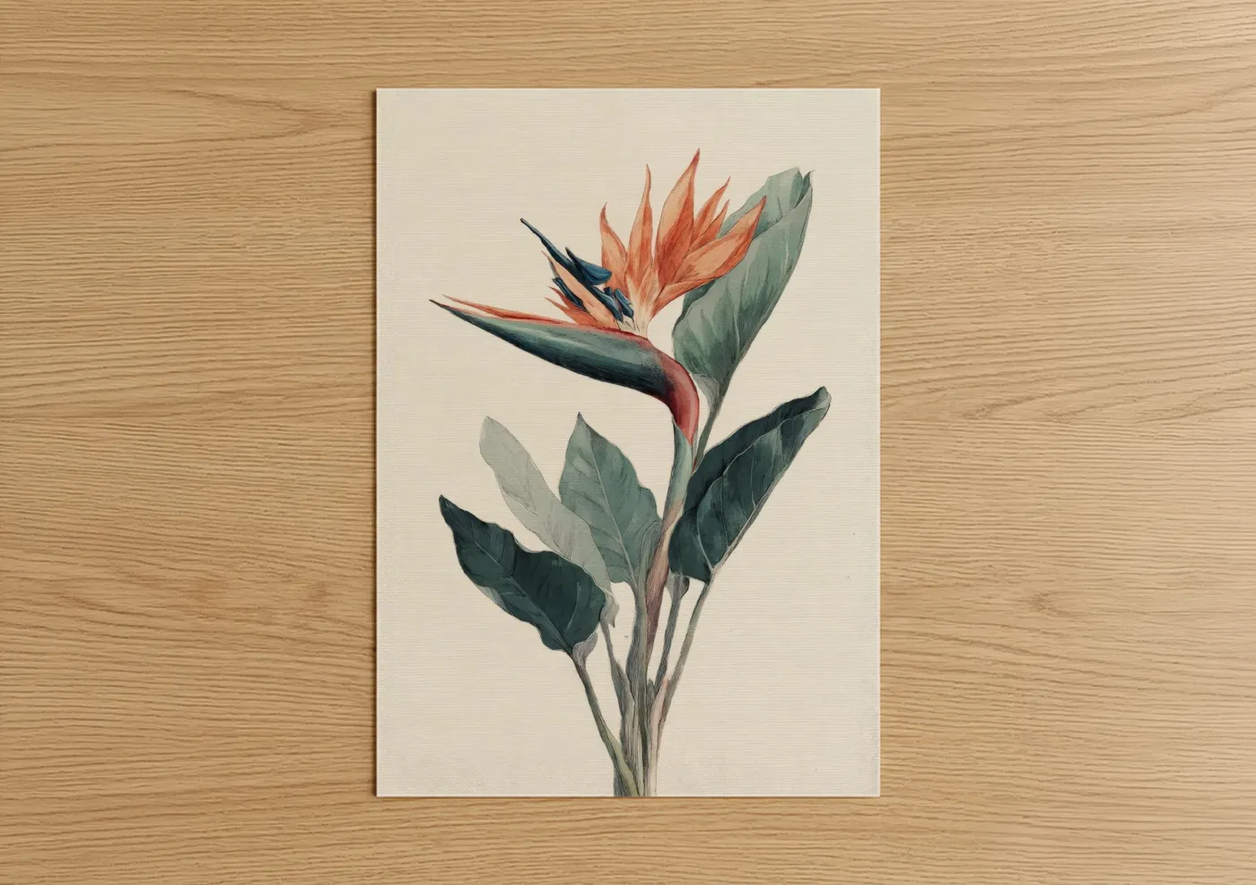 Birds of paradise art print on warm oak wood — cream and sage green palette — Tropical Bird Paradise poster