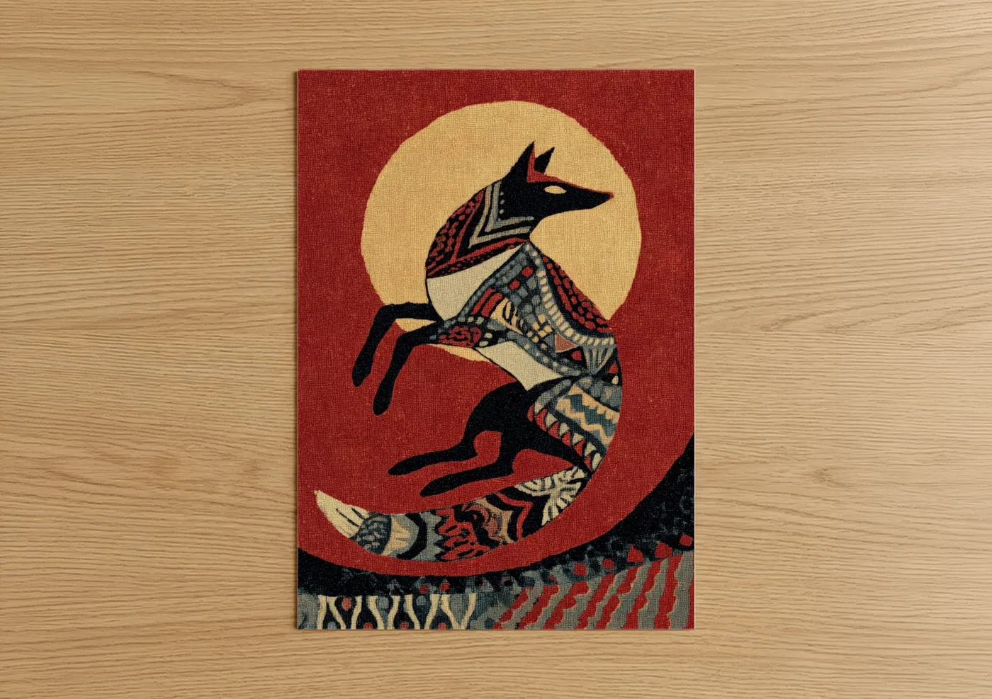 Art print on warm oak wood — red and gold and white palette — Celestial Coyote poster