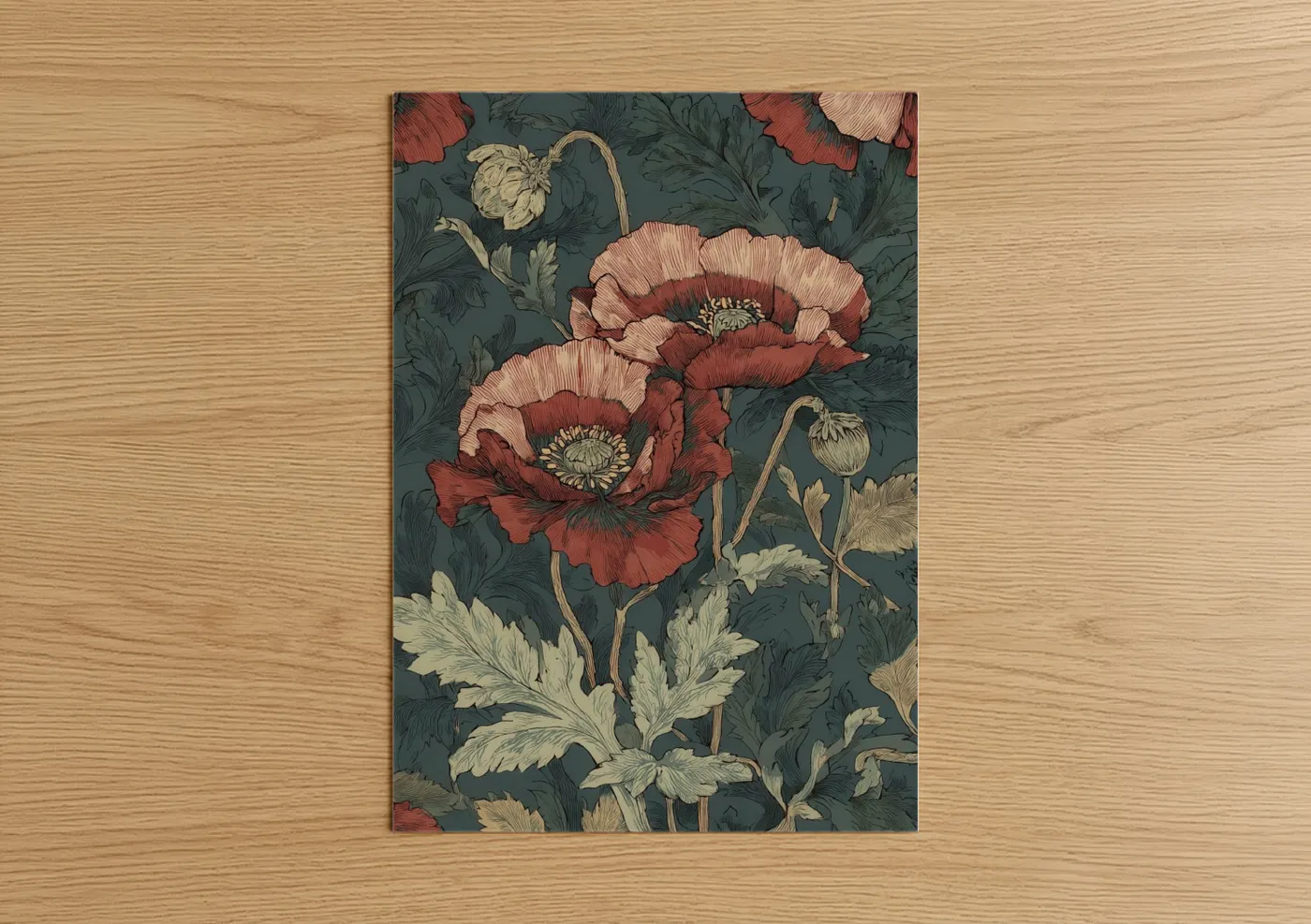 Art print on warm oak wood — red and teal palette — Crimson Poppies poster